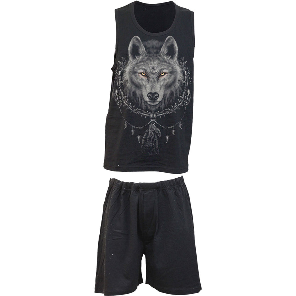 Spiral Unisex 4 Piece Gothic Pyjama Set: Wolf Chi (Black) (Back Print)