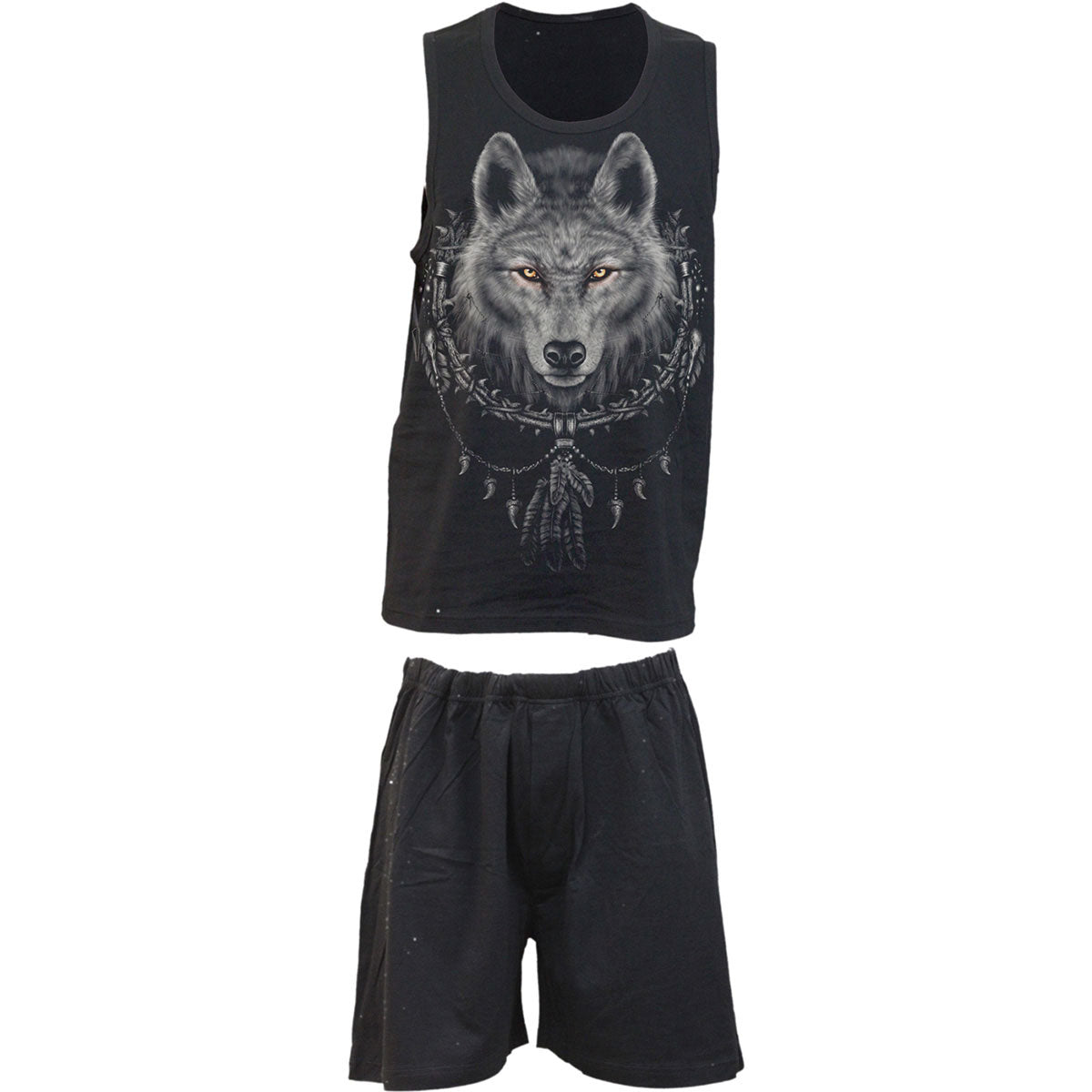 Spiral Unisex 4 Piece Gothic Pyjama Set: Wolf Chi (Black) (Back Print)