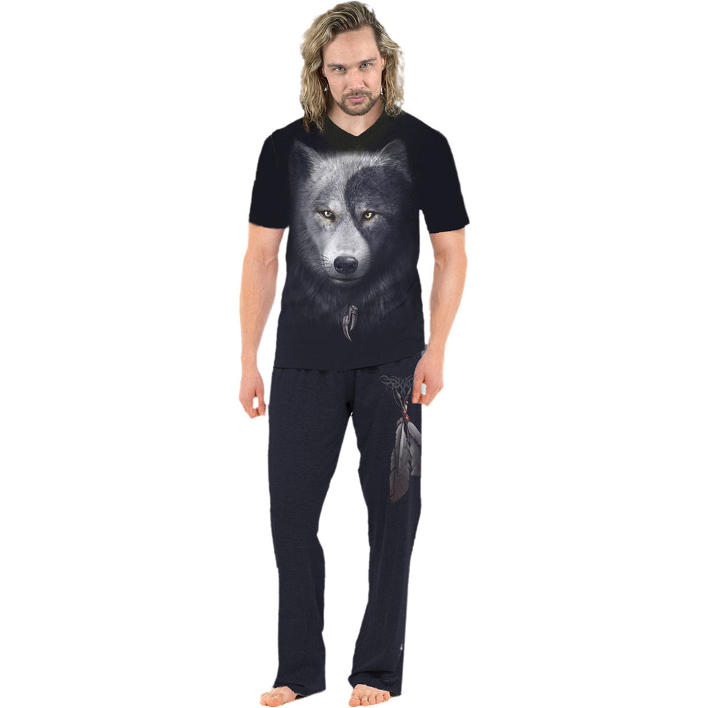 Spiral Unisex 4 Piece Gothic Pyjama Set: Wolf Chi (Black) (Back Print)