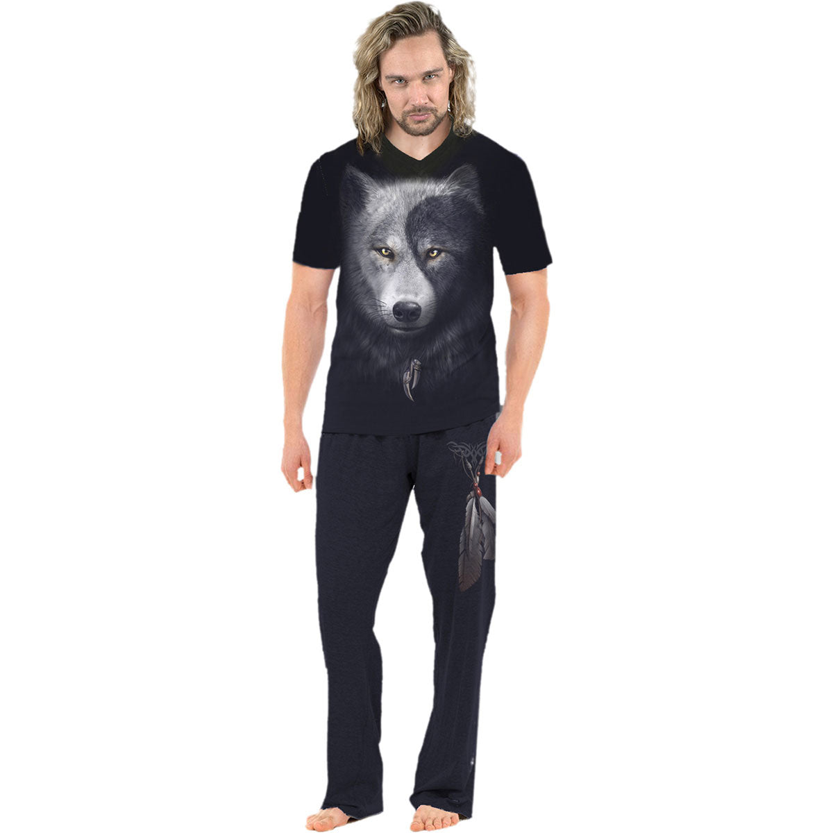 Spiral Unisex 4 Piece Gothic Pyjama Set: Wolf Chi (Black) (Back Print)