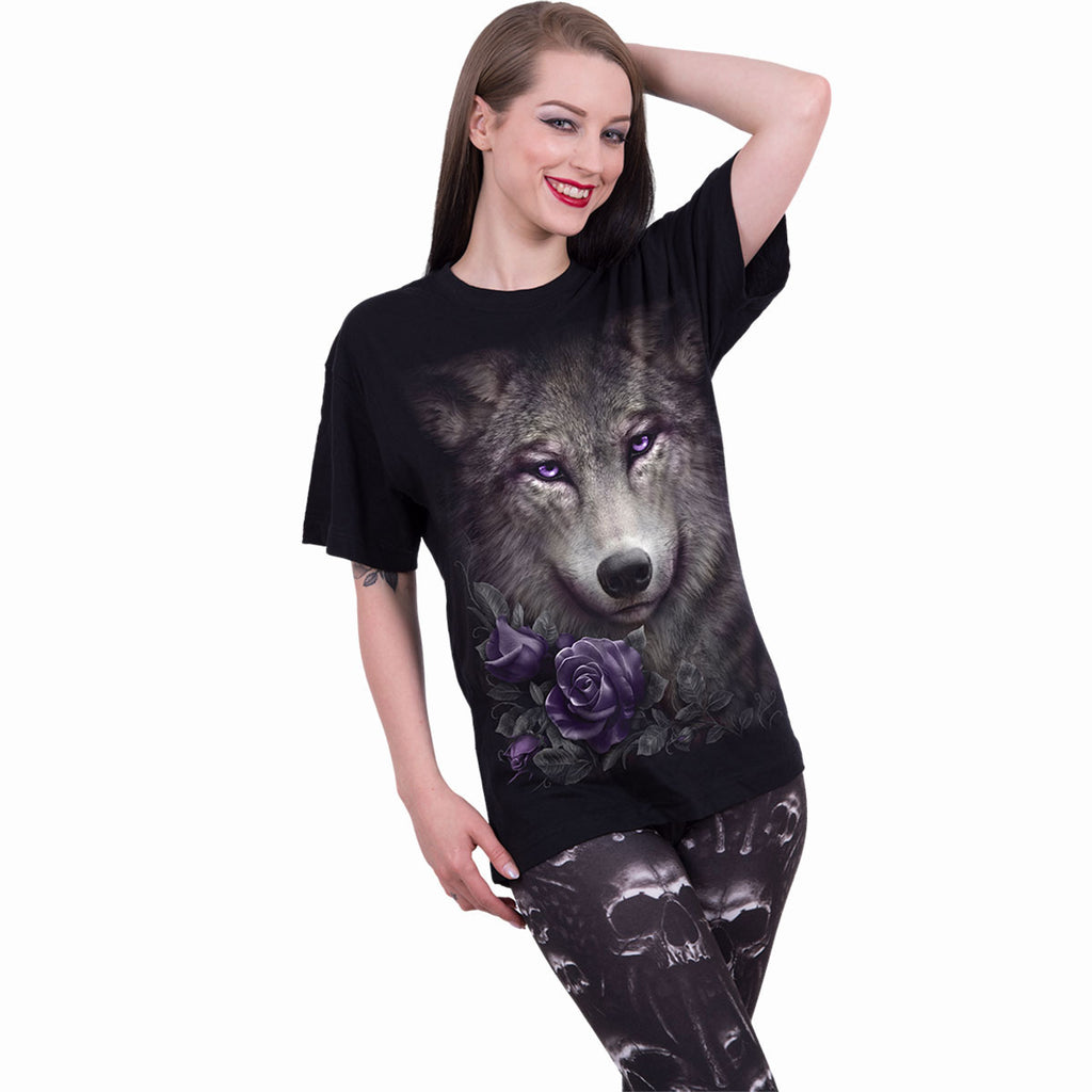 Spiral Unisex T-Shirt: Wolf Roses (Black)