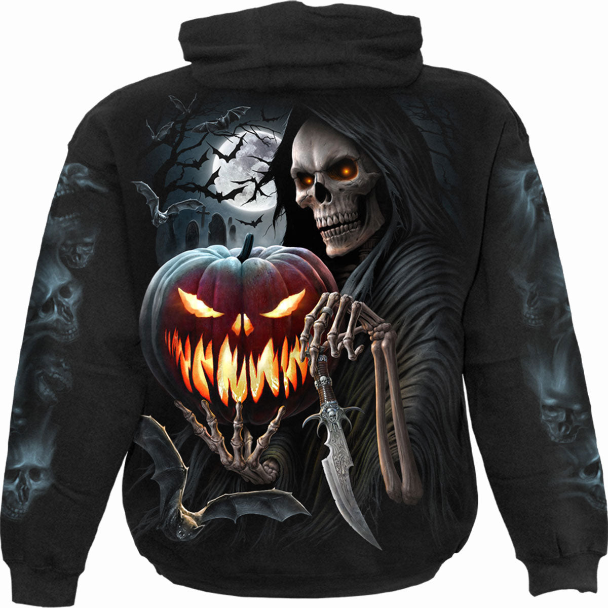 Spiral Unisex Pullover Hoodie: Carving Death (Black) (Back & Sleeve Print)