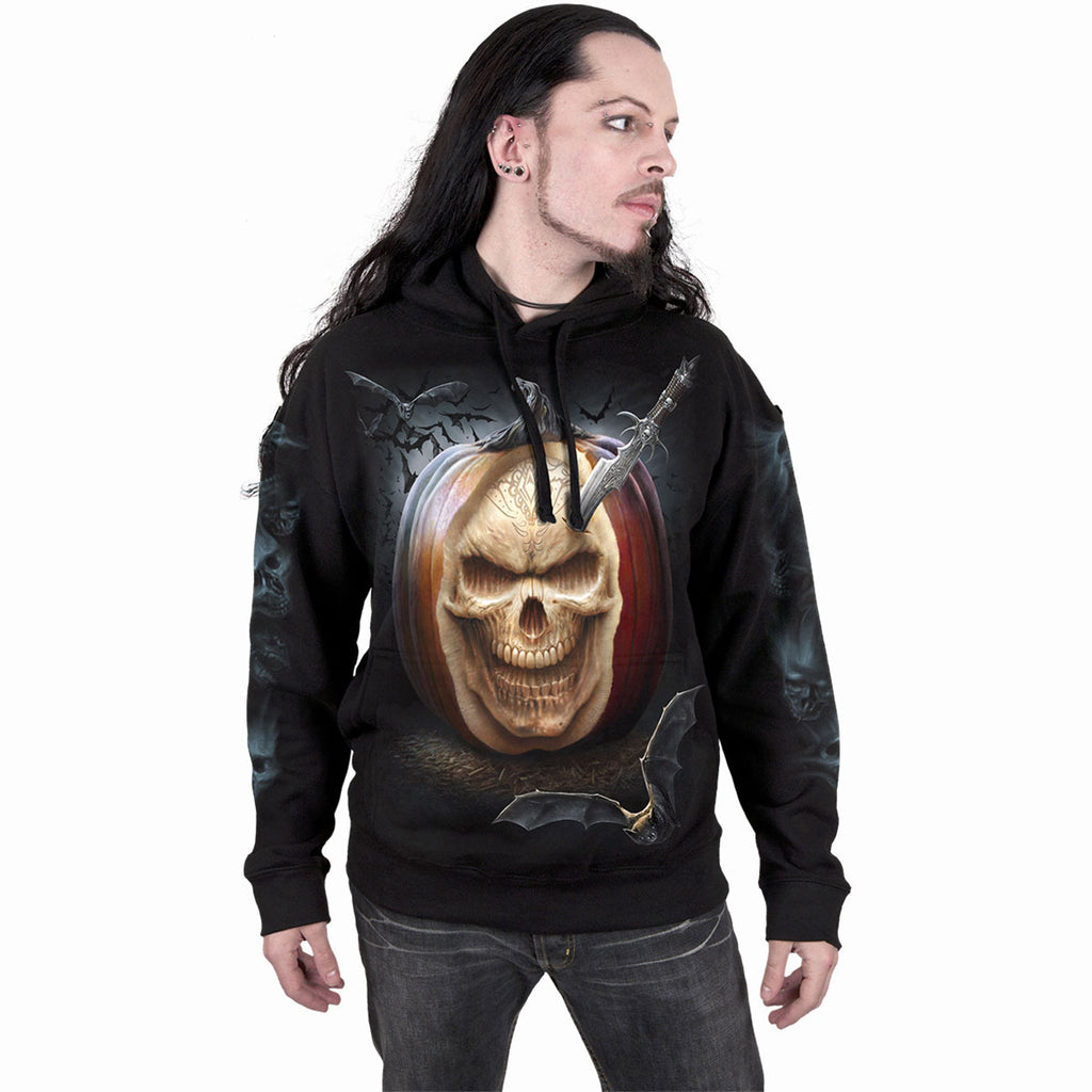 Spiral Unisex Pullover Hoodie: Carving Death (Black) (Back & Sleeve Print)