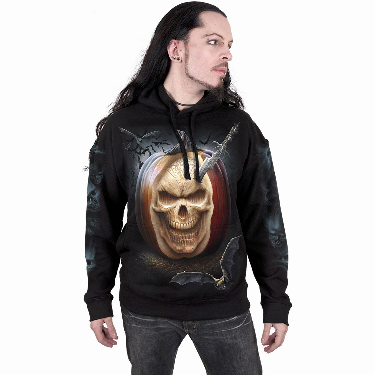 Spiral Unisex Pullover Hoodie: Carving Death (Black) (Back & Sleeve Print)