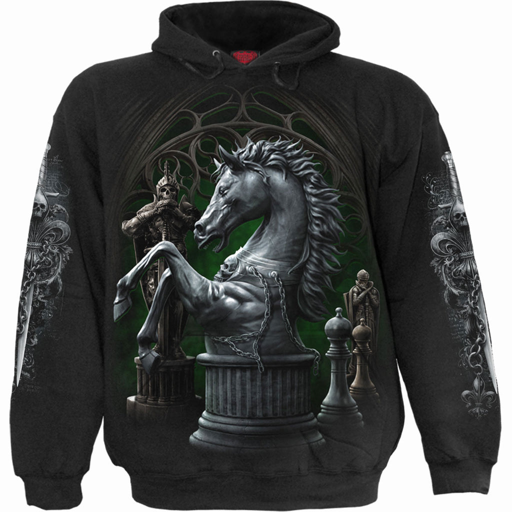 Spiral Unisex Pullover Hoodie: Checkmate (Black) (Back & Sleeve Print)