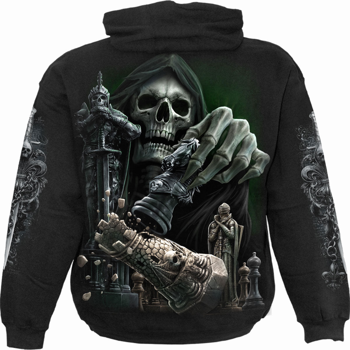Spiral Unisex Pullover Hoodie: Checkmate (Black) (Back & Sleeve Print)