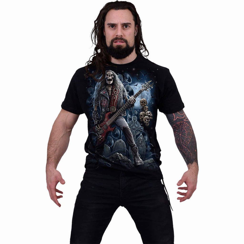 Spiral Unisex T-Shirt: Grim Rocker (Black) (Back Print)