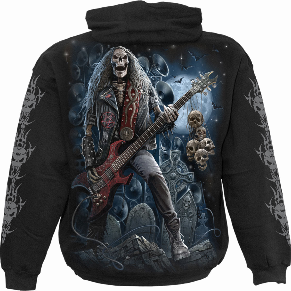 Spiral Unisex Pullover Hoodie: Grim Rocker (Black) (Back & Sleeve Print)
