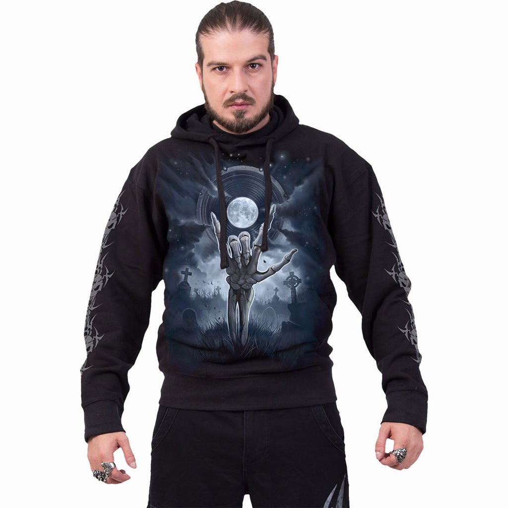 Spiral Unisex Pullover Hoodie: Grim Rocker (Black) (Back & Sleeve Print)