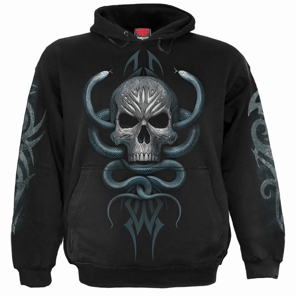 Spiral Unisex Pullover Hoodie: Stone Gaze (Black) (Back & Sleeve Print)