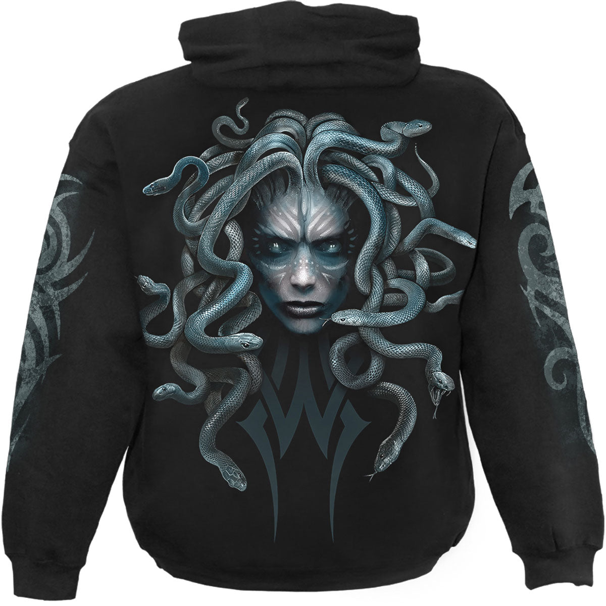 Spiral Unisex Pullover Hoodie: Stone Gaze (Black) (Back & Sleeve Print)