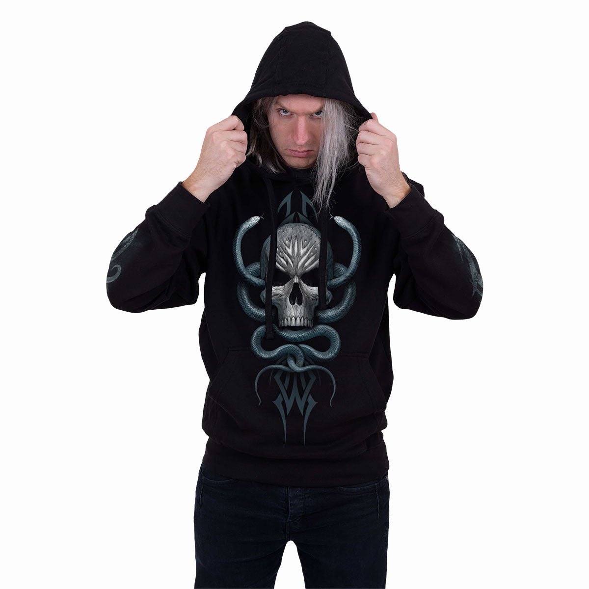 Spiral Unisex Pullover Hoodie: Stone Gaze (Black) (Back & Sleeve Print)