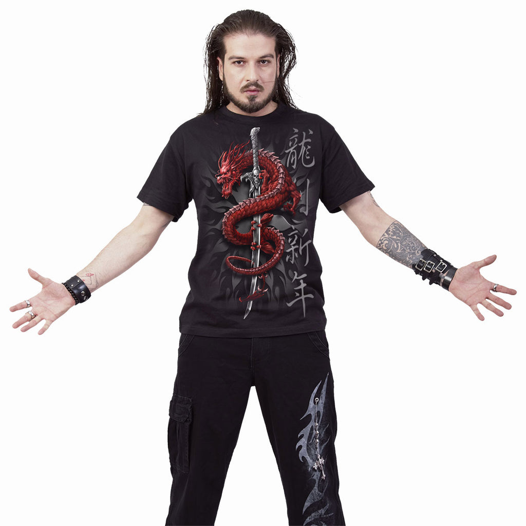Spiral Unisex T-Shirt: Oriental Dragon (Black) (Back Print)