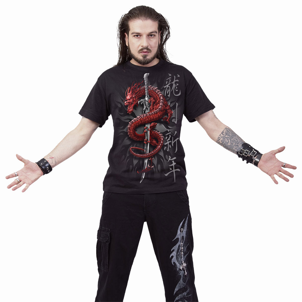 Spiral Unisex T-Shirt: Oriental Dragon (Black) (Back Print)