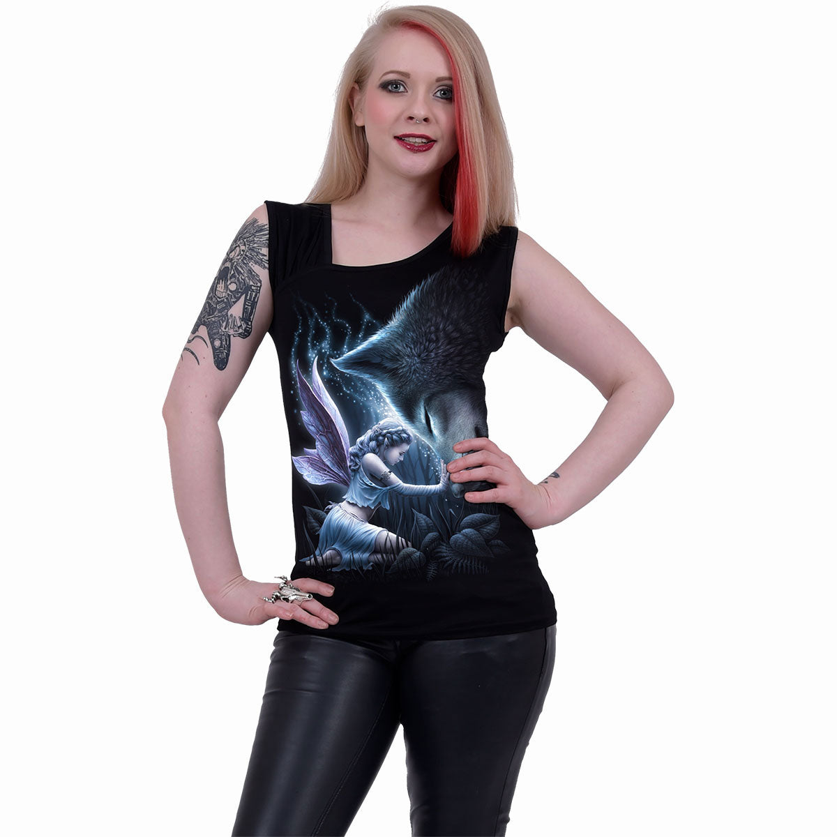 Spiral Ladies Gathered Shoulder Slant Vest T-Shirt: Sacred Bond (Black)