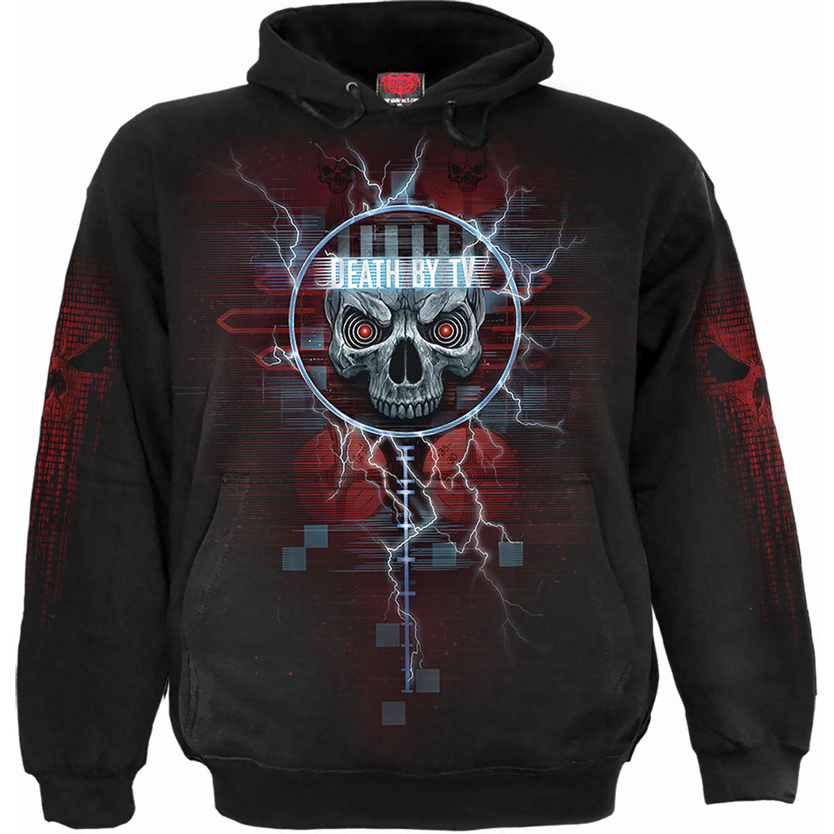 Spiral Unisex Pullover Hoodie: Death By Tv (Black) (Back & Sleeve Print)