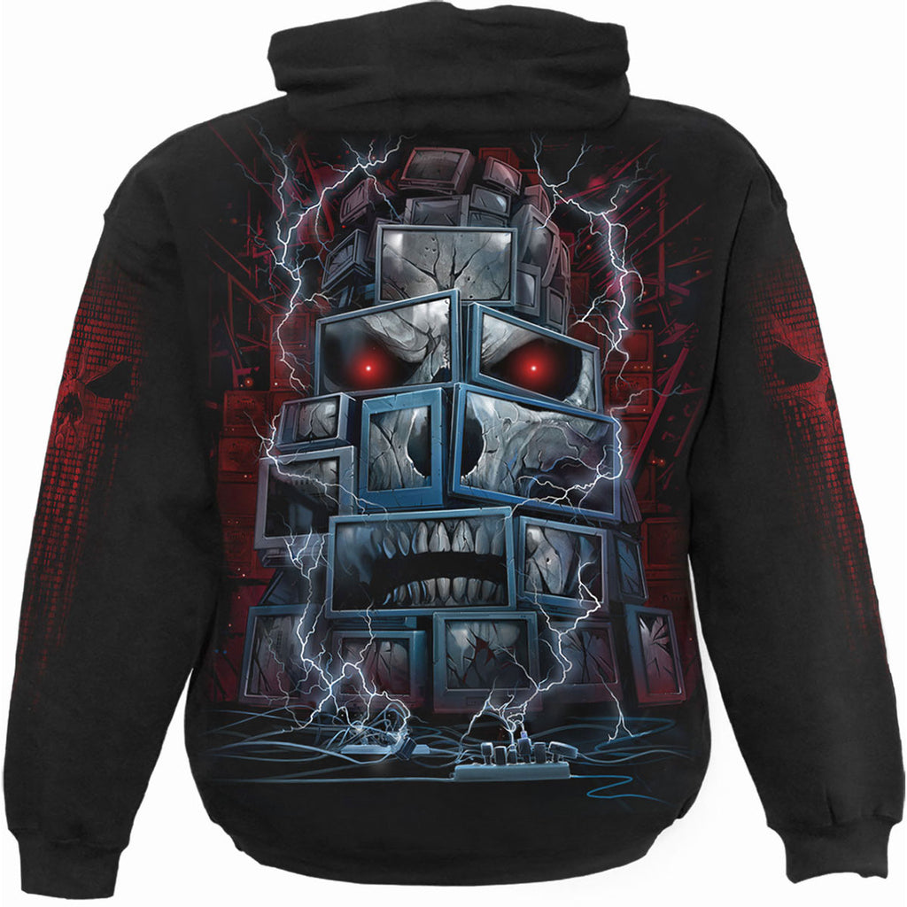 Spiral Unisex Pullover Hoodie: Death By Tv (Black) (Back & Sleeve Print)