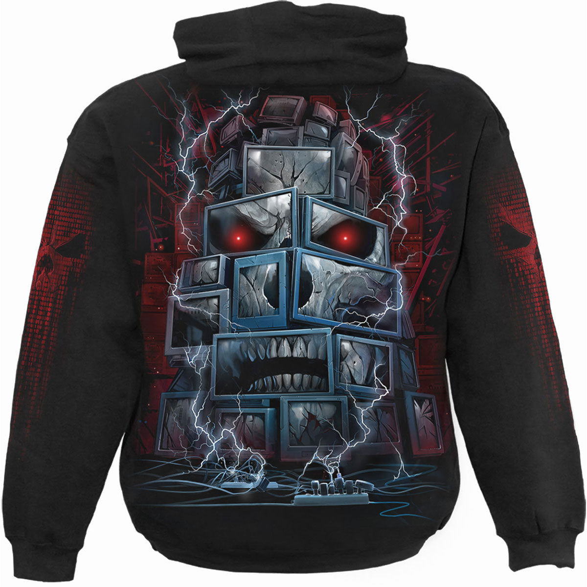 Spiral Unisex Pullover Hoodie: Death By Tv (Black) (Back & Sleeve Print)