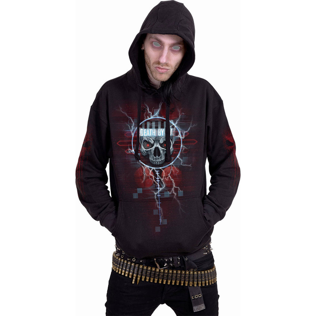 Spiral Unisex Pullover Hoodie: Death By Tv (Black) (Back & Sleeve Print)