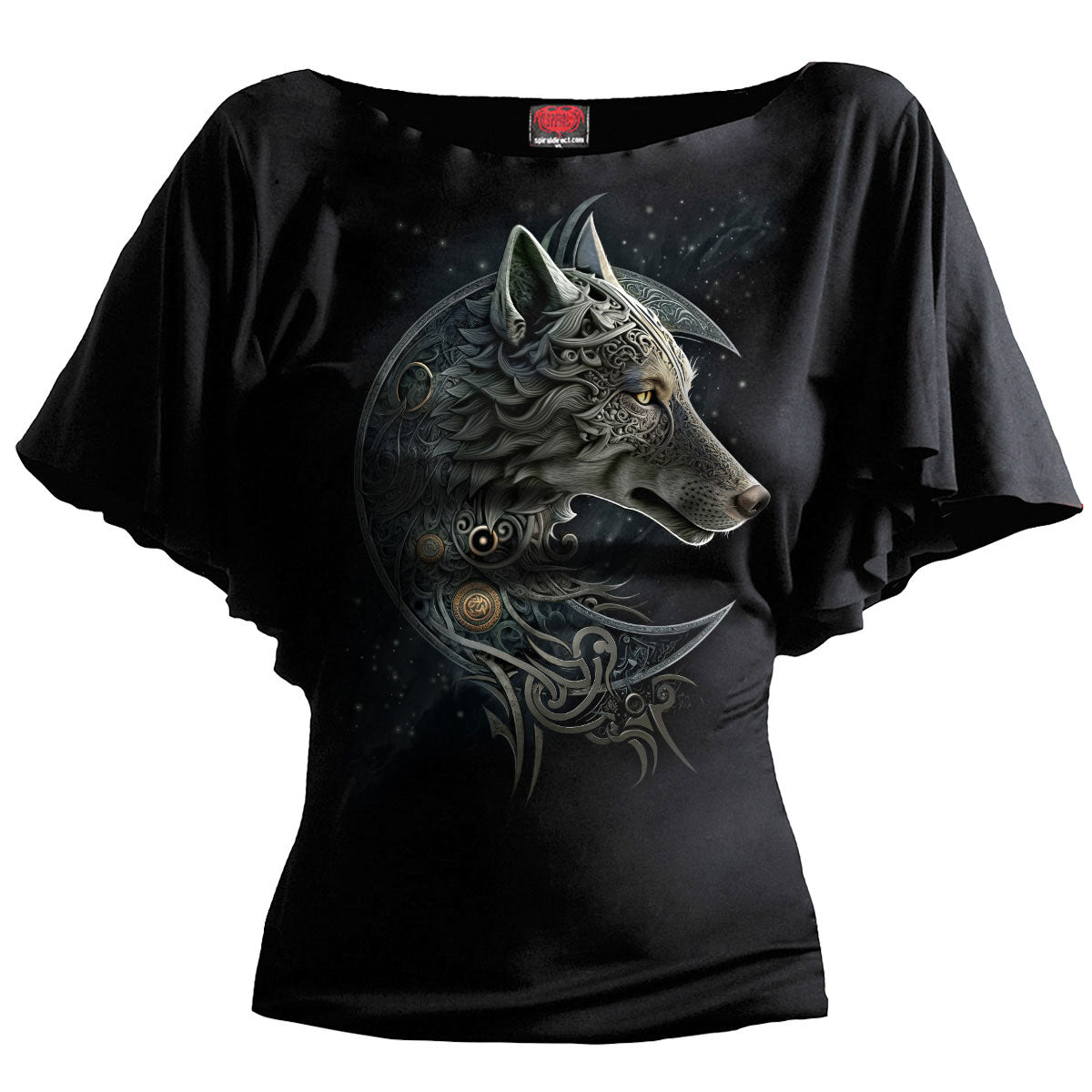 Spiral Ladies Latin Boatneck Top: Celtic Wolf (Black)