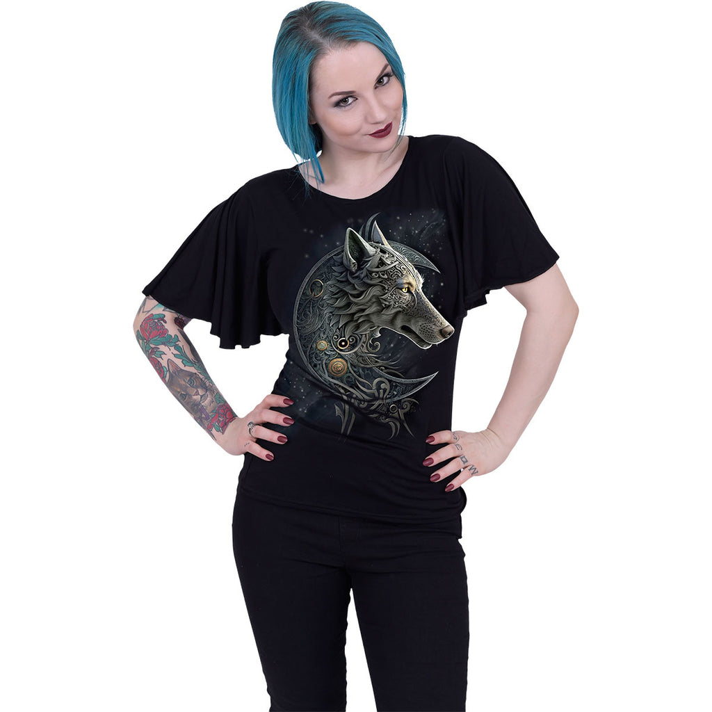 Spiral Ladies Latin Boatneck Top: Celtic Wolf (Black)