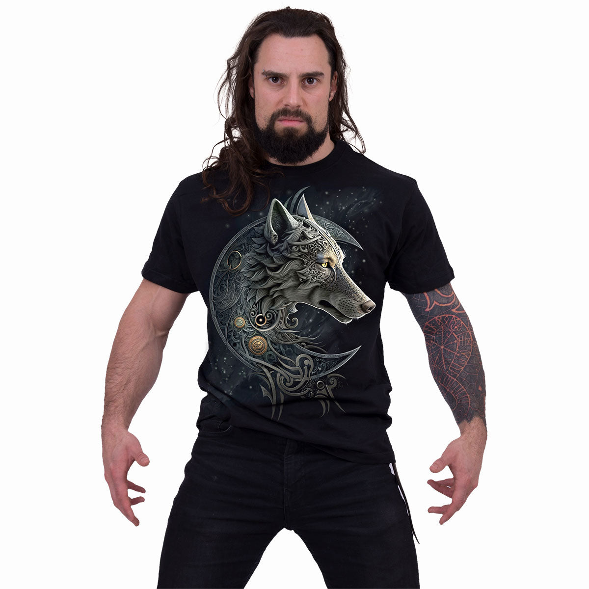 Spiral Unisex T-Shirt: Celtic Wolf (Black) (Back Print)