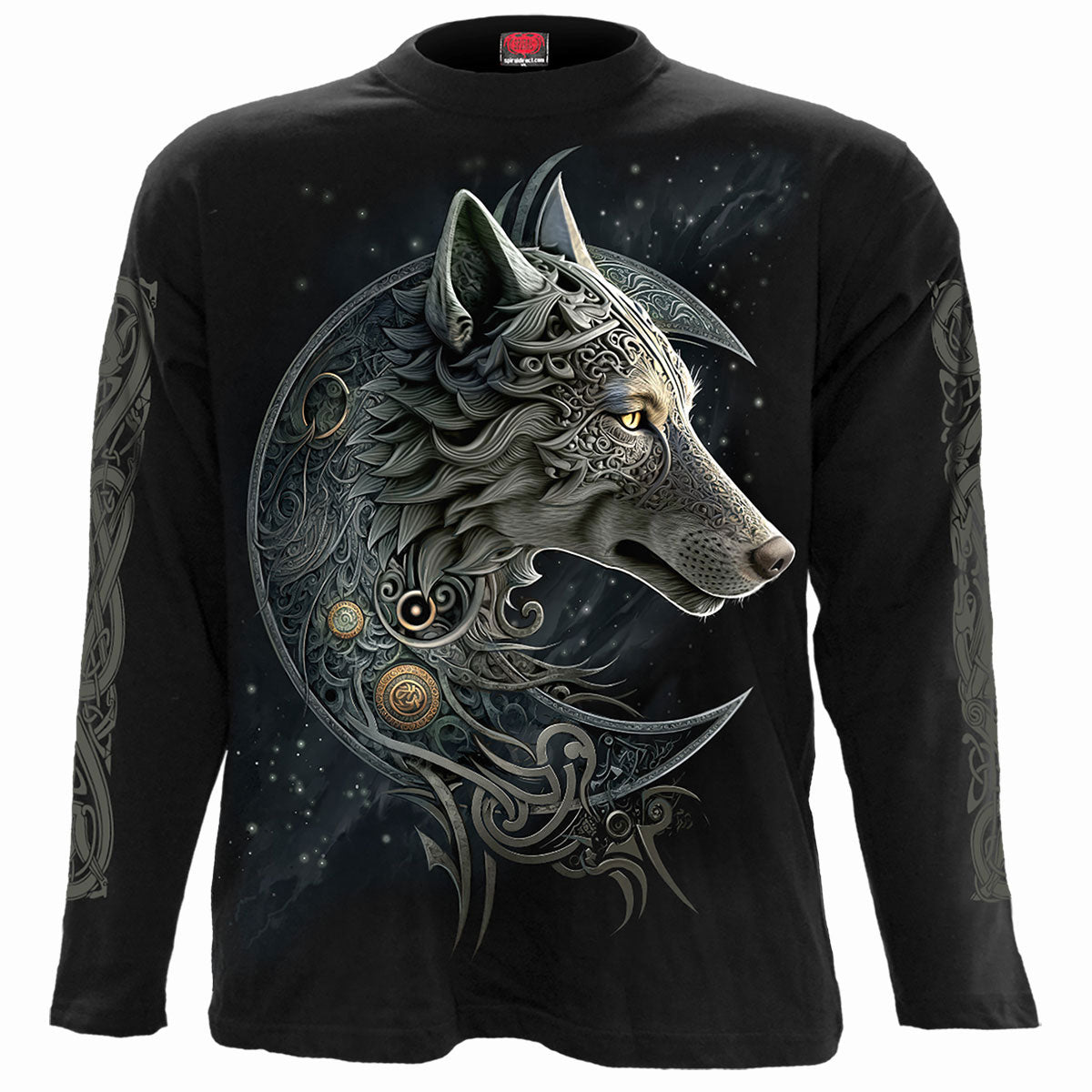 Spiral Unisex Long Sleeve T-Shirt: Celtic Wolf (Black) (Back & Sleeve Print)