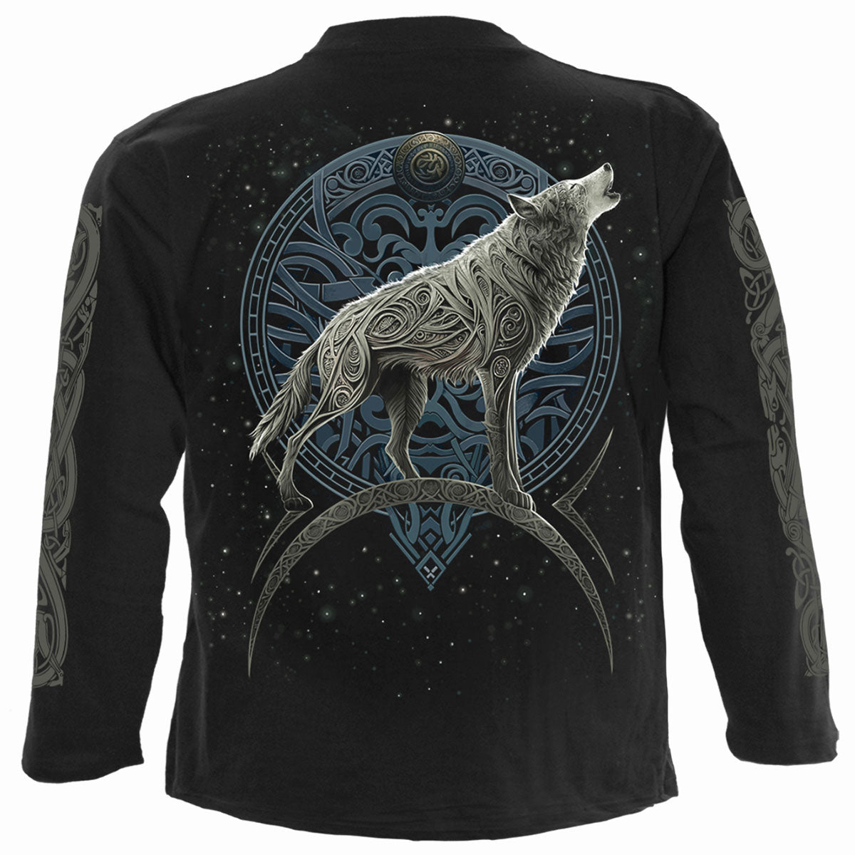 Spiral Unisex Long Sleeve T-Shirt: Celtic Wolf (Black) (Back & Sleeve Print)