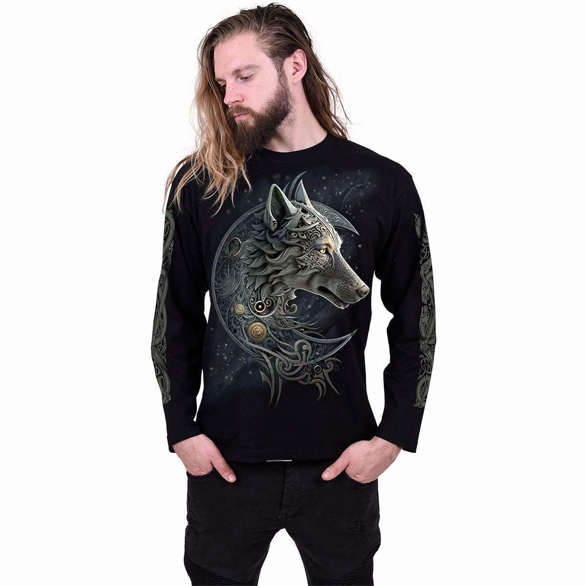 Spiral Unisex Long Sleeve T-Shirt: Celtic Wolf (Black) (Back & Sleeve Print)