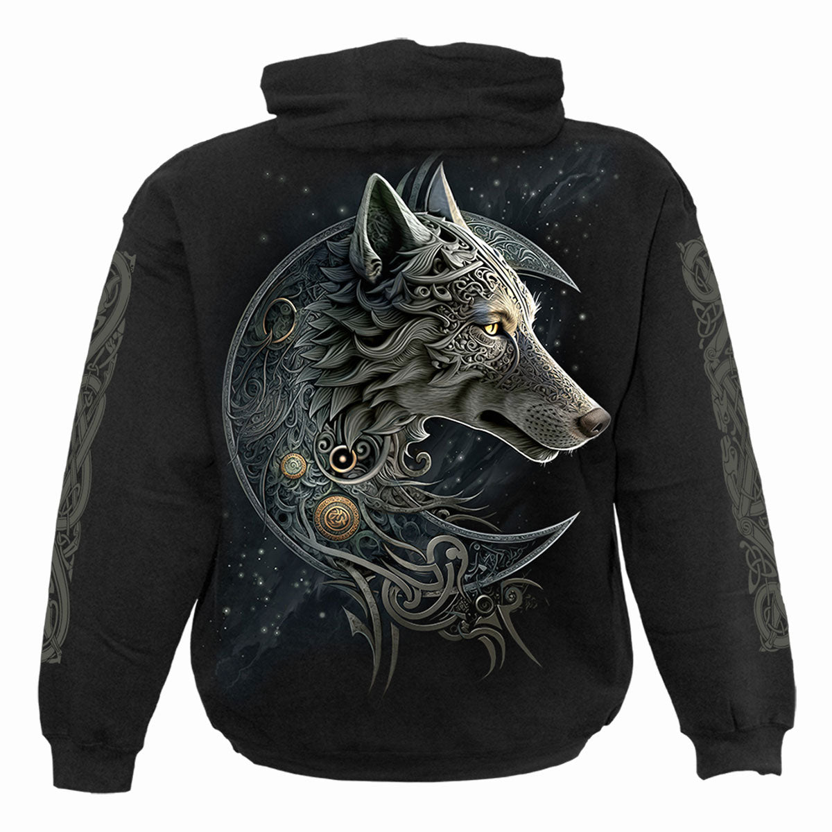 Spiral Unisex Pullover Hoodie: Celtic Wolf (Black) (Back & Sleeve Print)