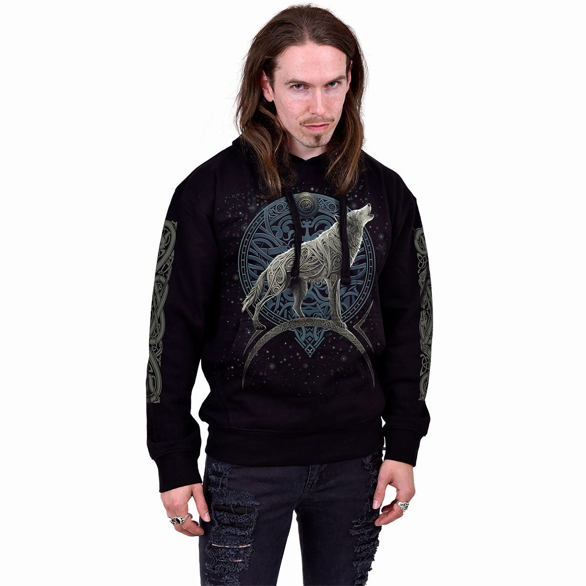 Spiral Unisex Pullover Hoodie: Celtic Wolf (Black) (Back & Sleeve Print)