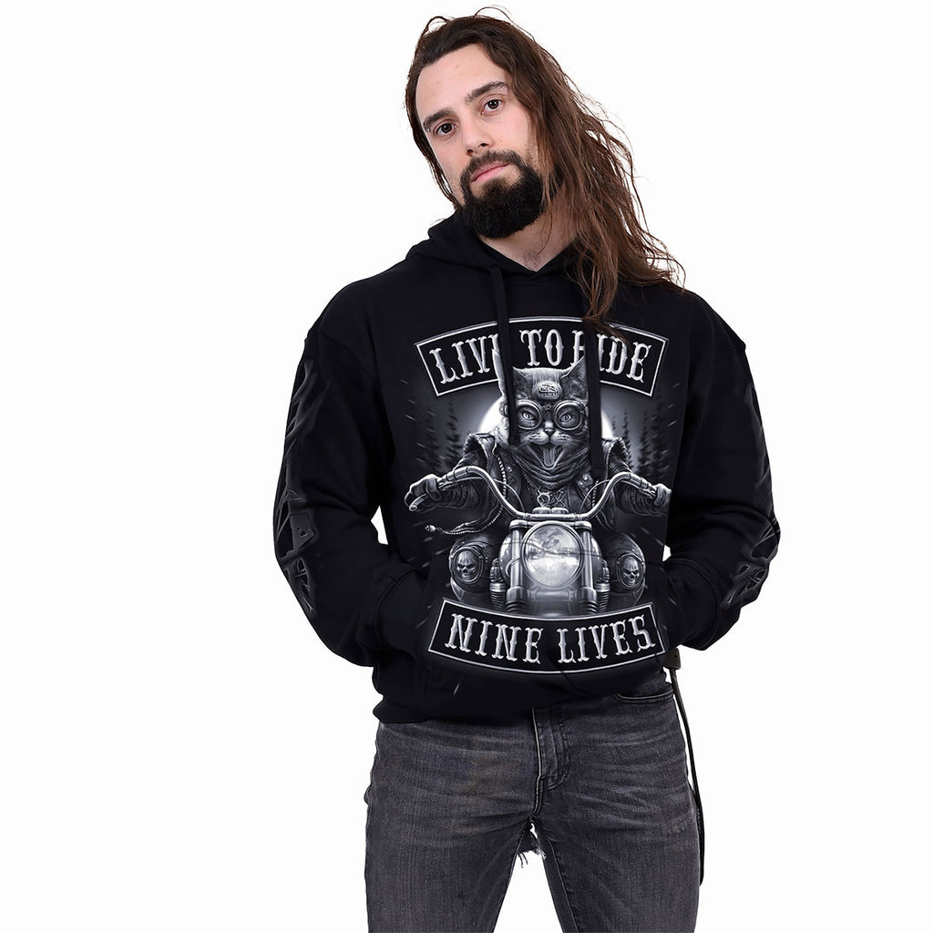 Spiral Unisex Pullover Hoodie: Nine Lives (Black) (Back & Sleeve Print)