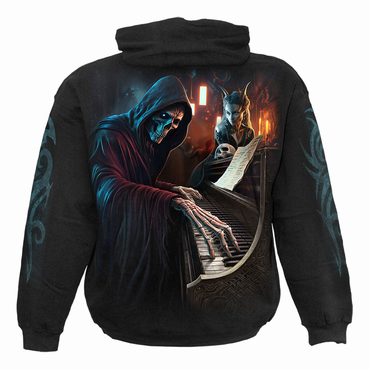 Spiral Unisex Pullover Hoodie: Midnight Blues (Black) (Back & Sleeve Print)