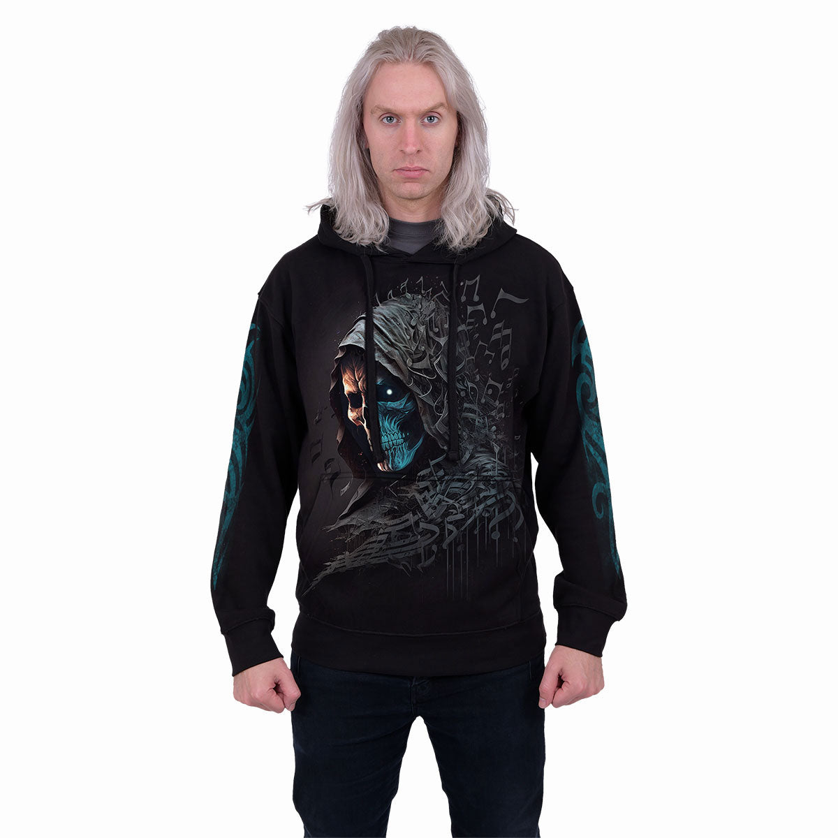 Spiral Unisex Pullover Hoodie: Midnight Blues (Black) (Back & Sleeve Print)