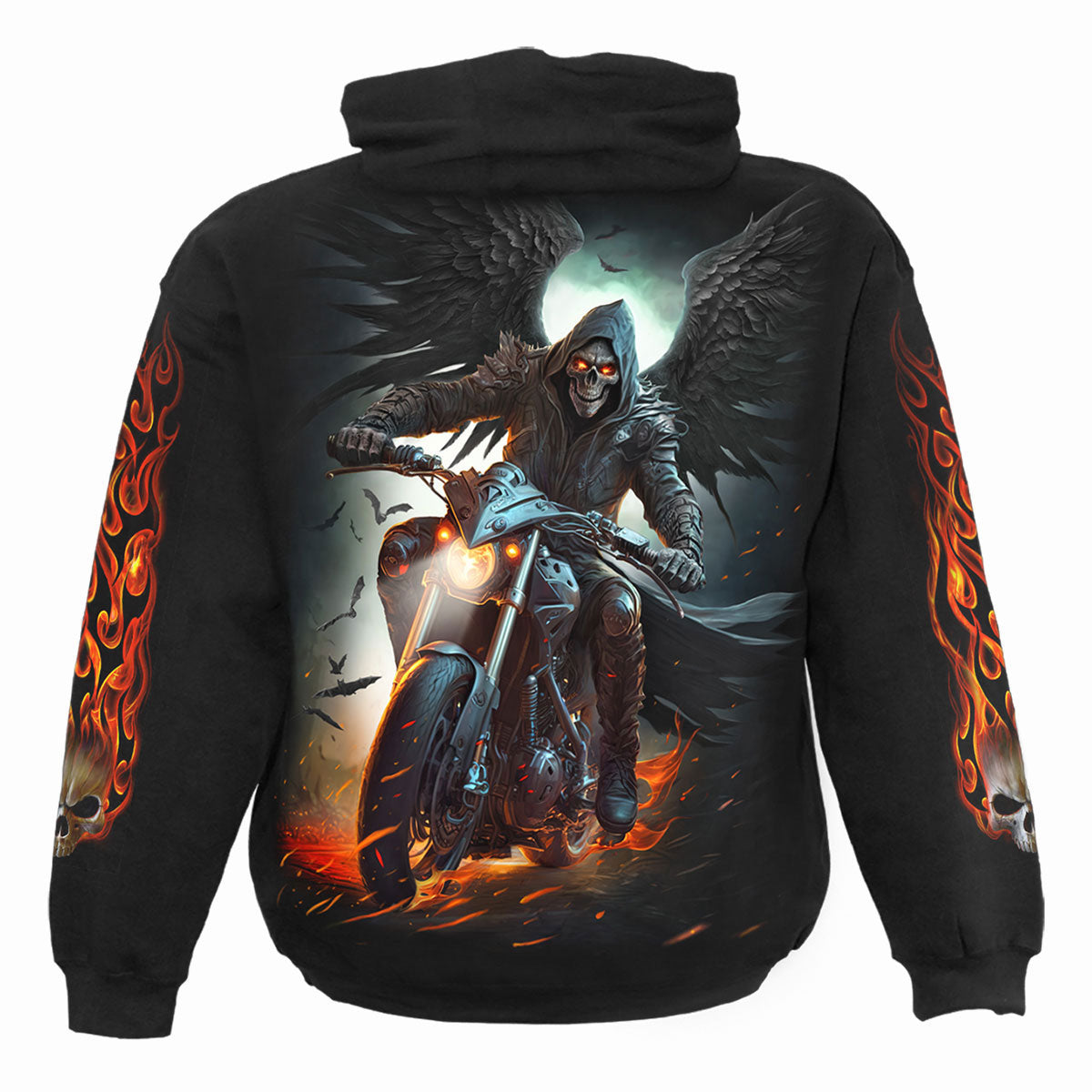 Spiral Unisex Pullover Hoodie: Night Rider (Black) (Back & Sleeve Print)