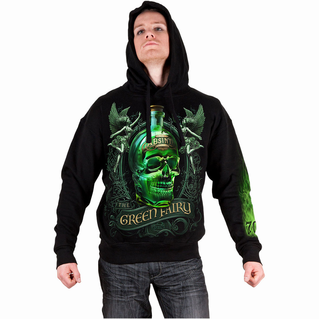 Spiral Unisex Pullover Hoodie: The Green Fairy (Black) (Back & Sleeve Print)