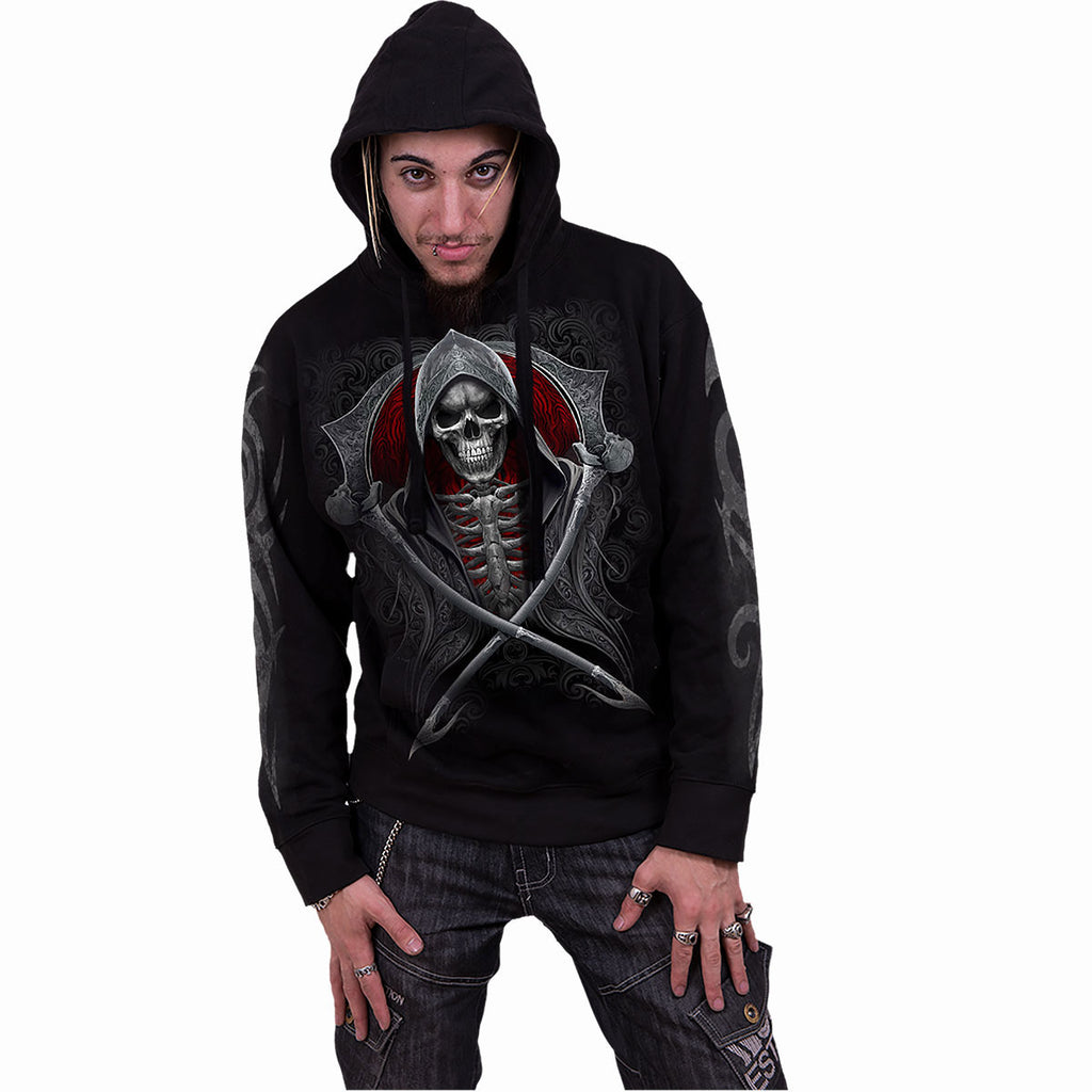Spiral Unisex Pullover Hoodie: Reaper's Portal (Black) (Back & Sleeve Print)