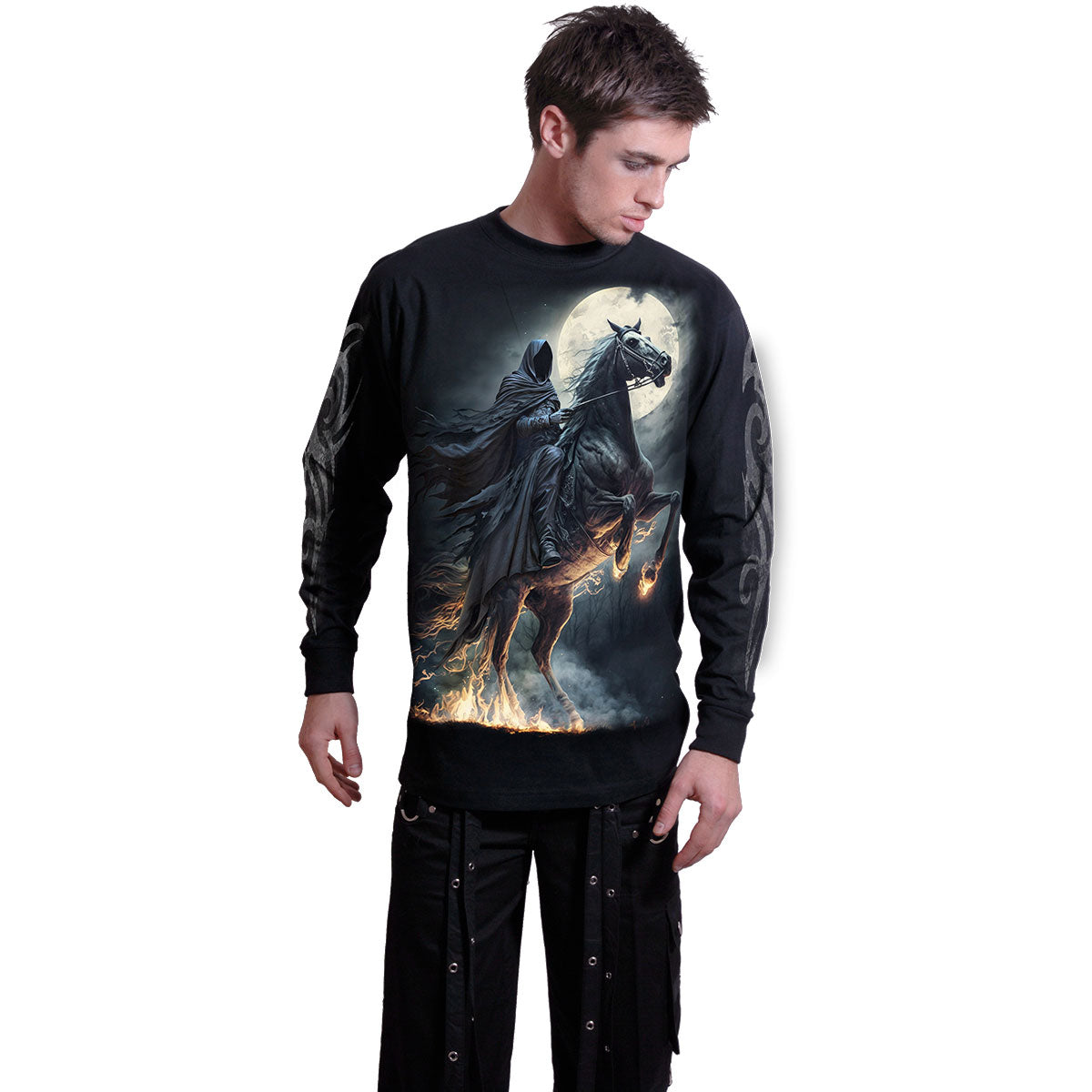 Spiral Unisex Long Sleeve T-Shirt: Shadow Rider (Black) (Back & Sleeve Print)