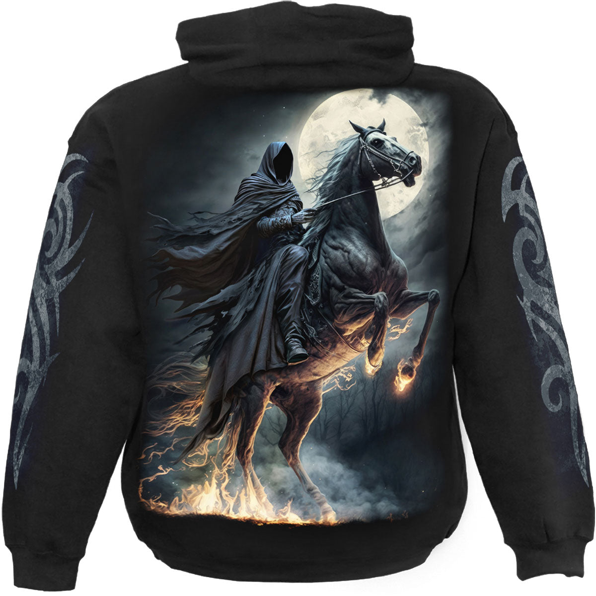 Spiral Unisex Pullover Hoodie: Shadow Rider (Black) (Back & Sleeve Print)