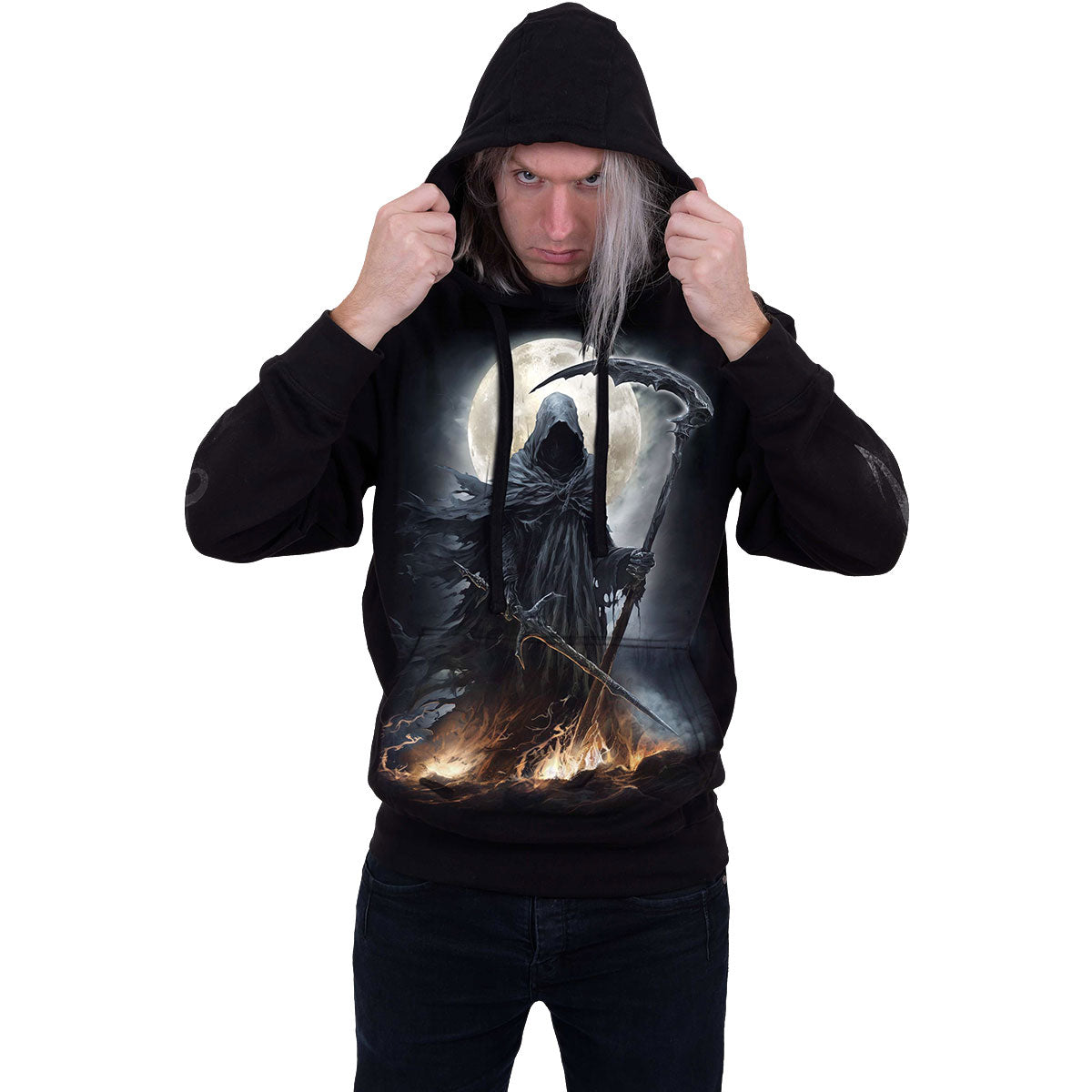 Spiral Unisex Pullover Hoodie: Shadow Rider (Black) (Back & Sleeve Print)