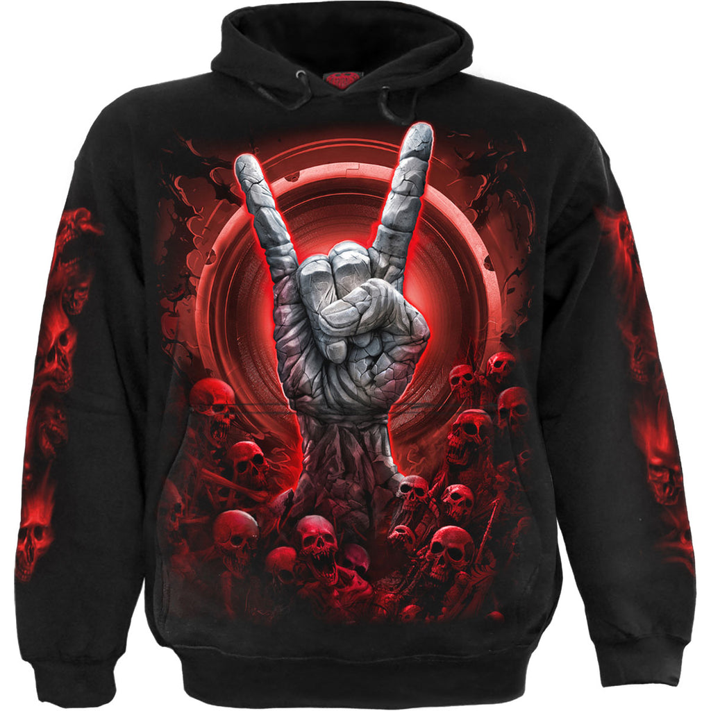 Spiral Unisex Pullover Hoodie: Tomb Of Rock (Black) (Back & Sleeve Print)