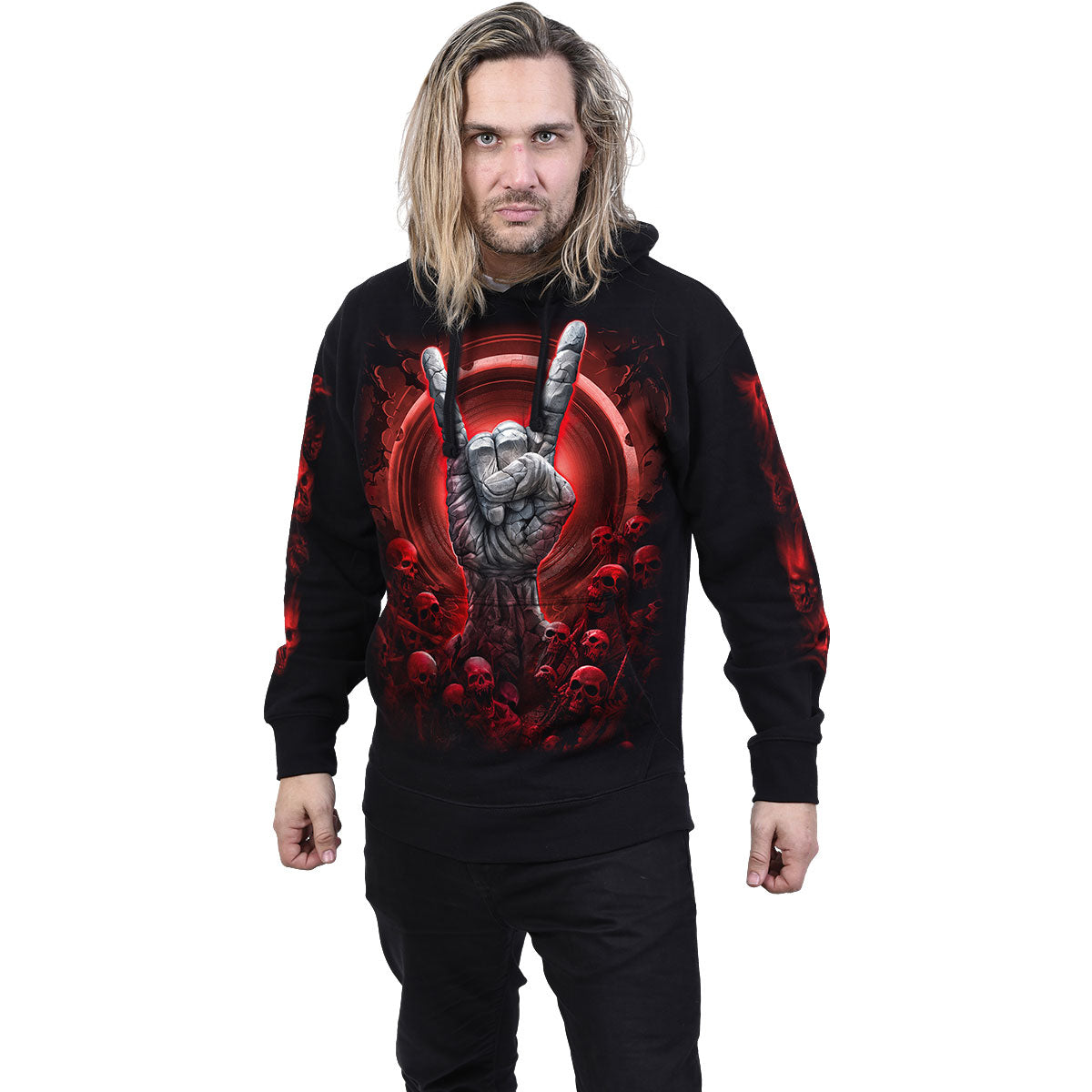 Spiral Unisex Pullover Hoodie: Tomb Of Rock (Black) (Back & Sleeve Print)