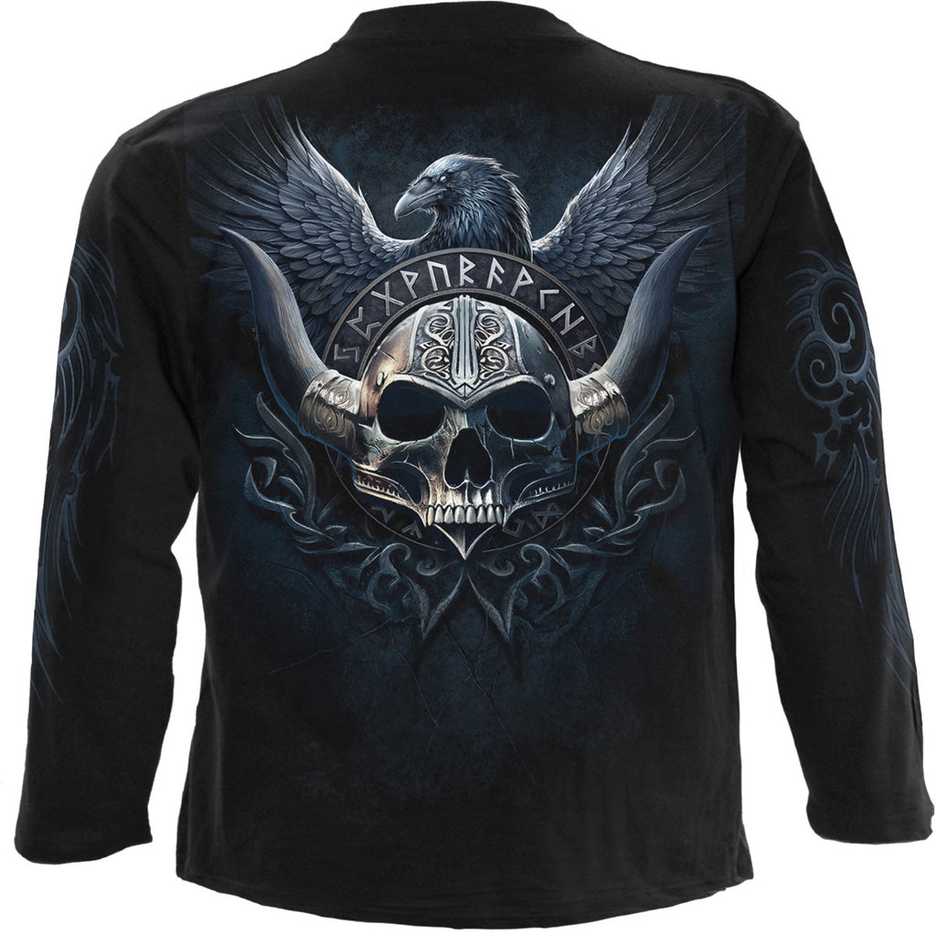 Spiral Unisex Long Sleeve T-Shirt: Odin's Warrior (Black) (Back & Sleeve Print)