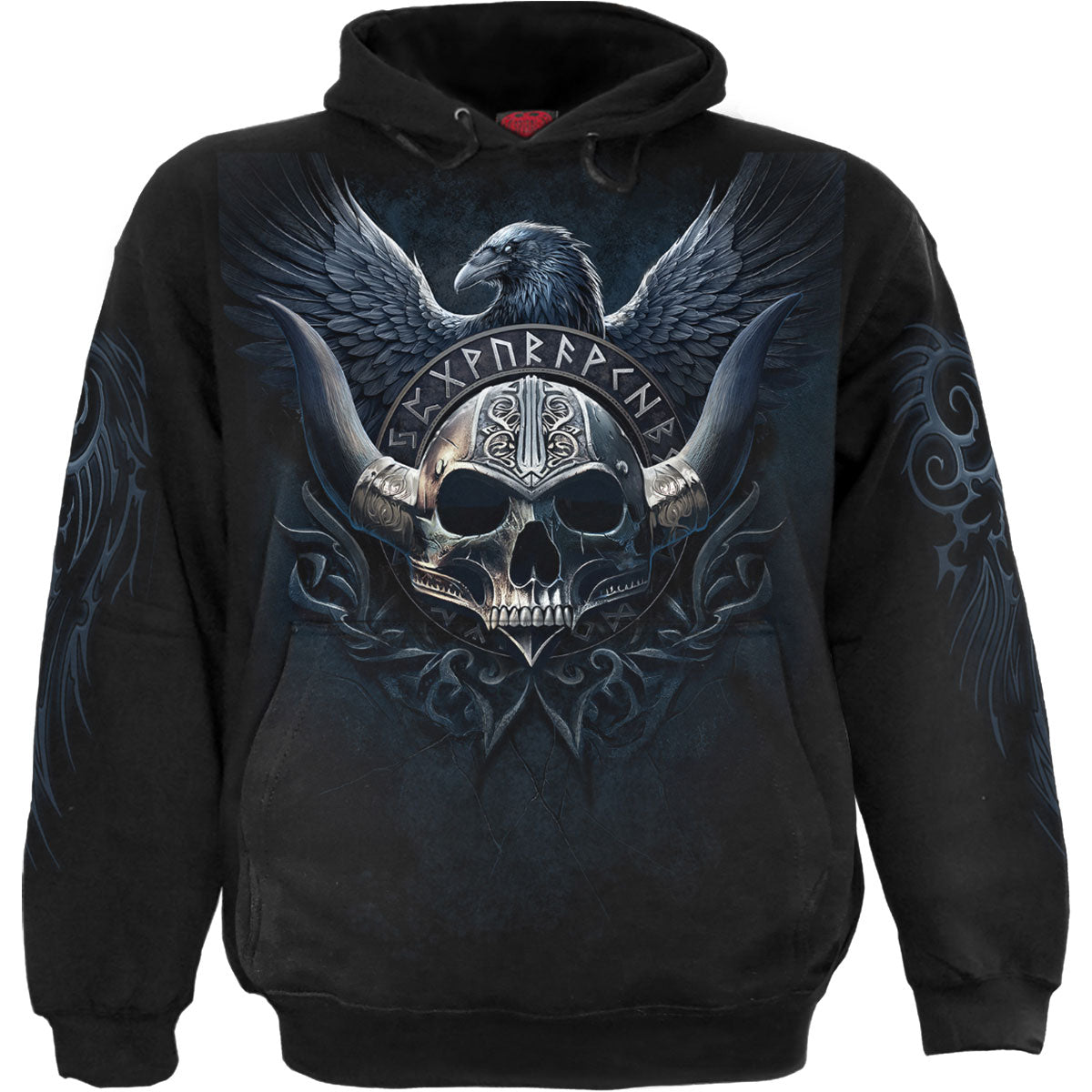 Spiral Unisex Pullover Hoodie: Odin's Warrior (Black) (Back & Sleeve Print)