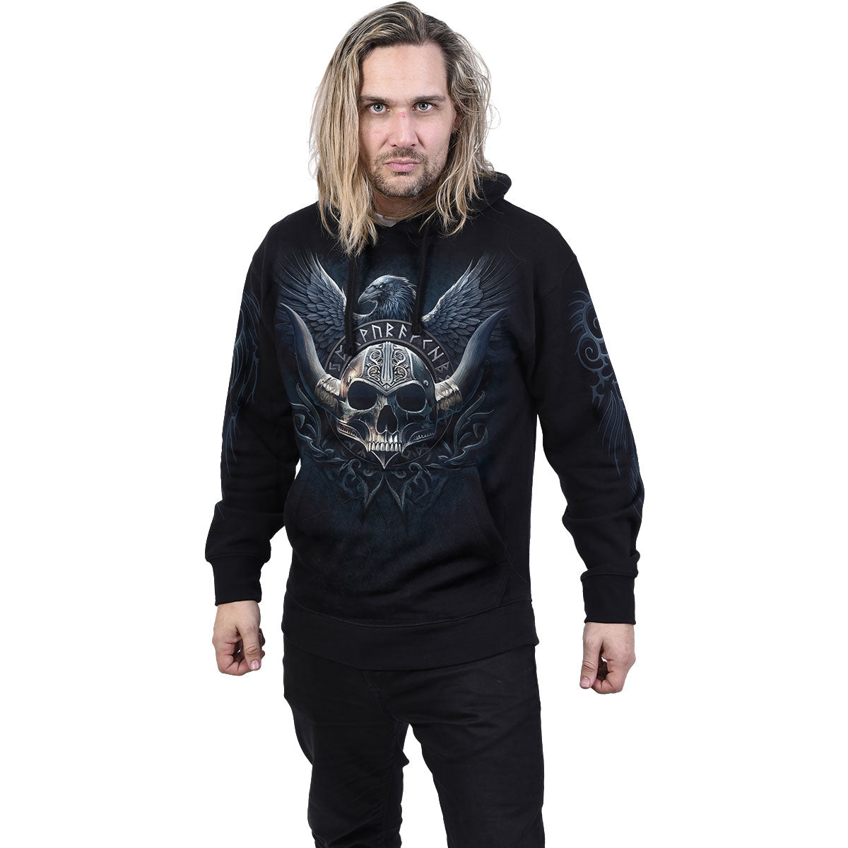 Spiral Unisex Pullover Hoodie: Odin's Warrior (Black) (Back & Sleeve Print)