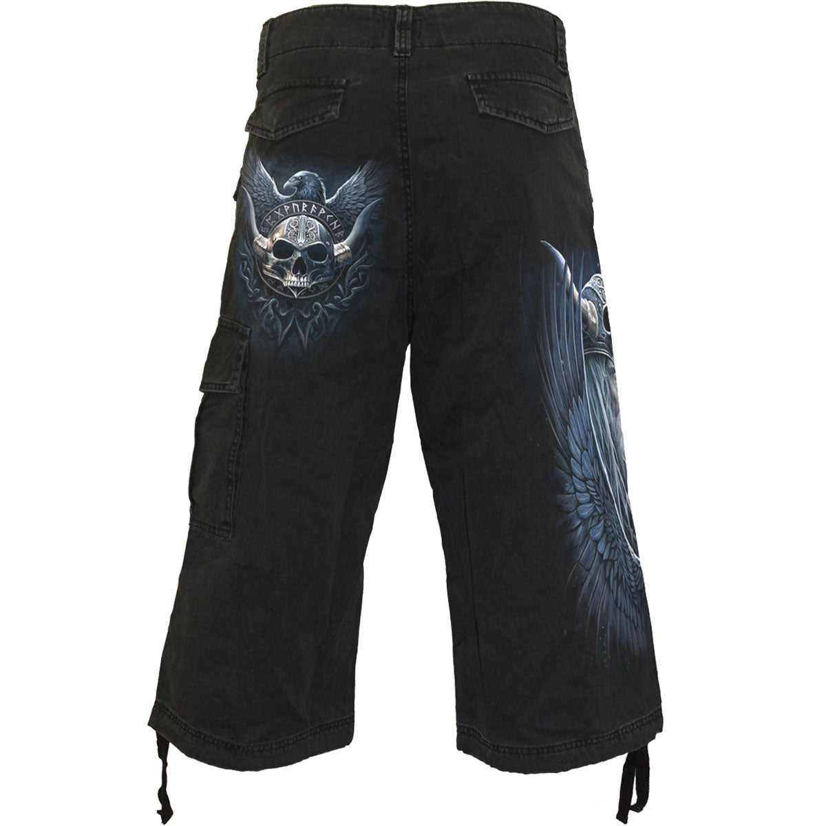 Spiral Unisex Vintage Cargo Shorts: Odin's Warrior (Black) (Back Print)