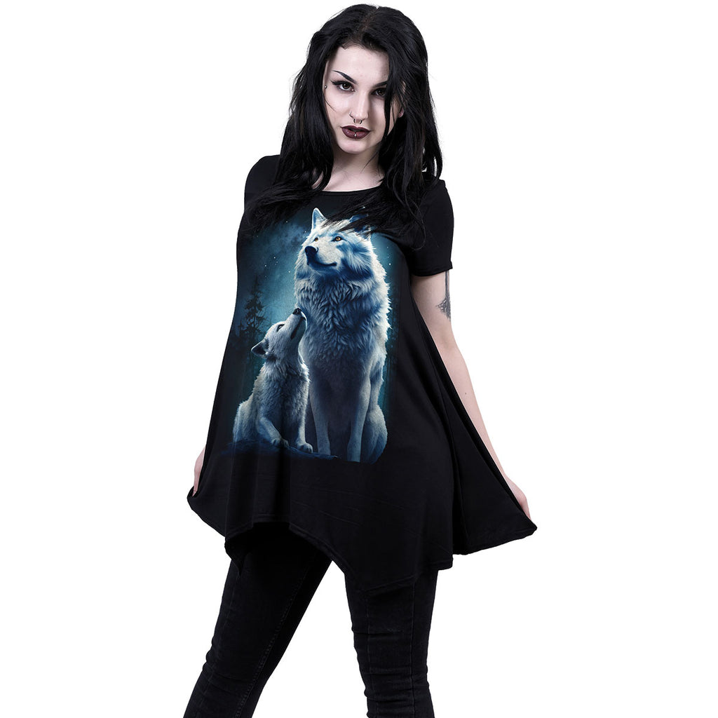 Spiral Ladies Smock Tunic Casual Top: Wolf Guardian (Black)