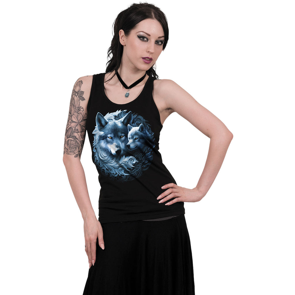 Spiral Ladies Razor Back Vest T-Shirt: Wolf Guardian (Black)