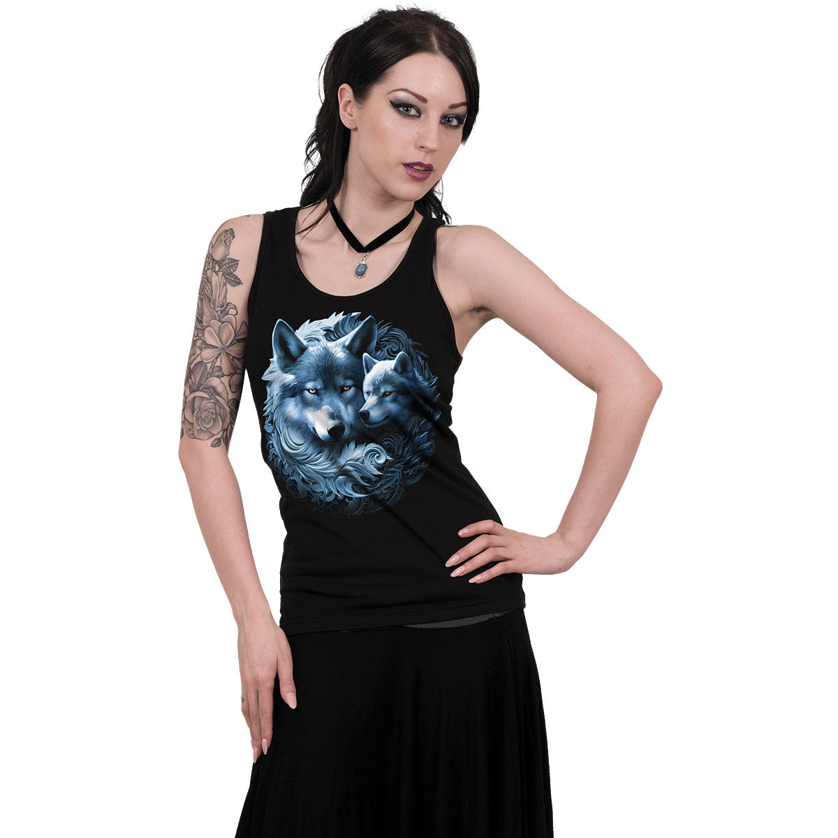 Spiral Ladies Razor Back Vest T-Shirt: Wolf Guardian (Black)