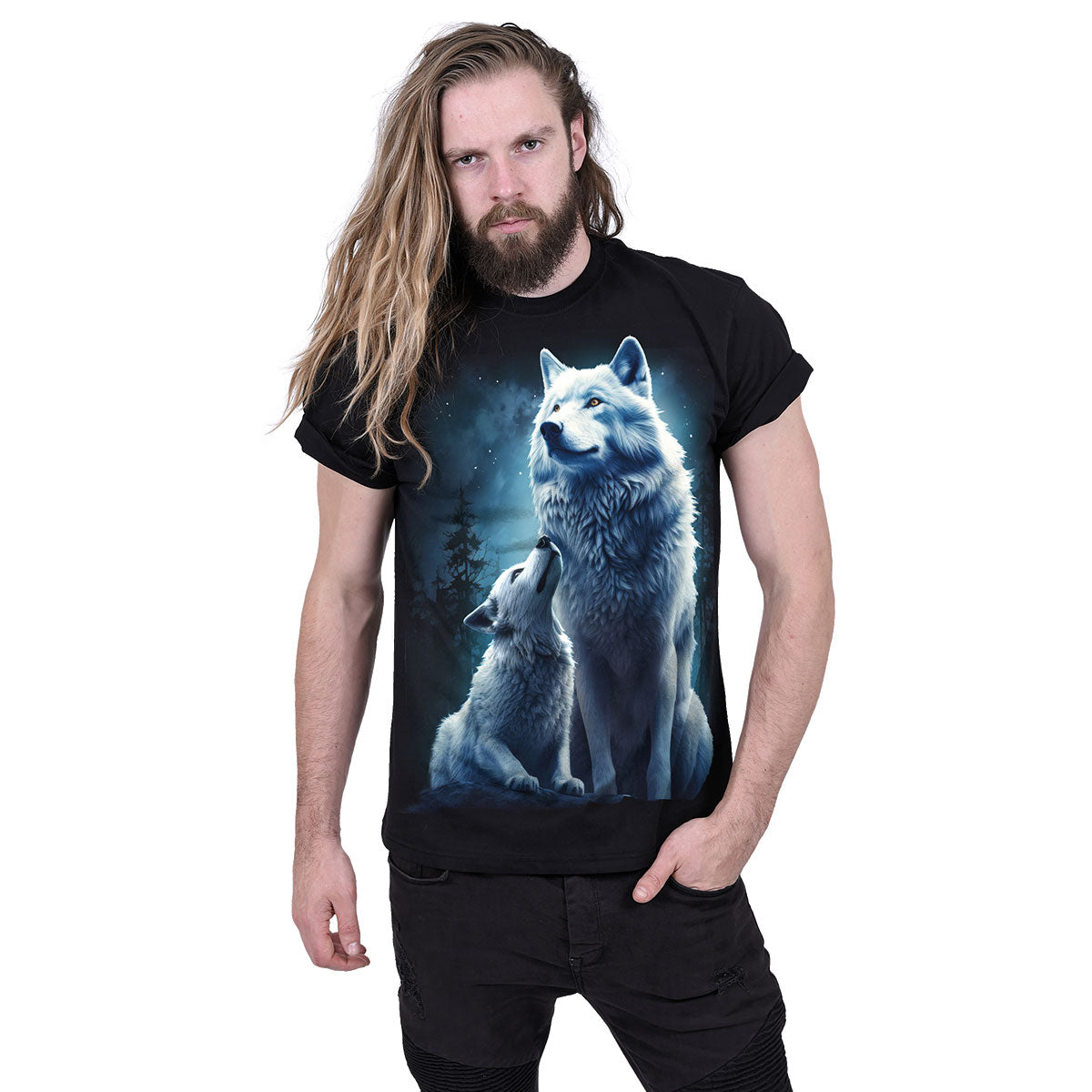 Spiral Unisex T-Shirt: Wolf Guardian (Black) (Back Print)
